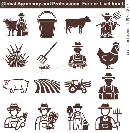 Professional farmer and agriculture life icons featuring livestock crops and farming tools for industry projects 139723859