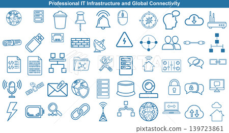 Professional information technology infrastructure icons featuring global connectivity and networking components for digital business system design 139723861