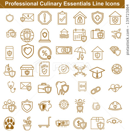 Professional security and protection line icon set featuring shields and insurance concepts for business 139723864