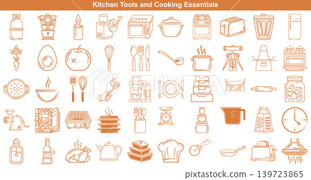 Professional set of kitchen tools and cooking essentials featuring various utensils and culinary equipment icons Professional set of kitchen tools and cooking essentials featuring various utensils and culinary equipment icons 139723865