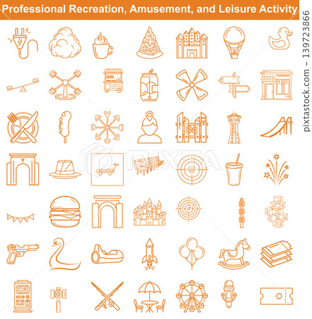 Professional set of recreation amusement and leisure activity line icons for travel and event planning Professional set of recreation amusement and leisure activity line icons for travel and event planning 139723866
