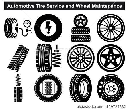 Set of automotive tire service and wheel maintenance flat icons for vehicle repair shop signage Set of automotive tire service and wheel maintenance flat icons for vehicle repair shop signage 139723882