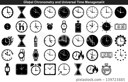 Set of black clock and time management icons depicting various stopwatch and timer graphic symbols Set of black clock and time management icons depicting various stopwatch and timer graphic symbols 139723885