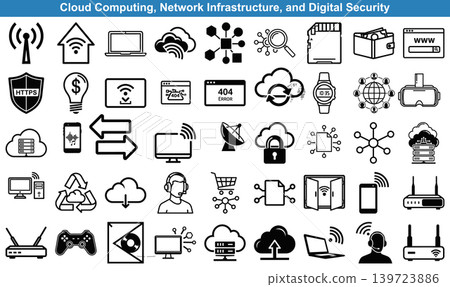 Set of black linear network and cloud computing icons for digital communication and interface design projects Set of black linear network and cloud computing icons for digital communication and interface design projects 139723886