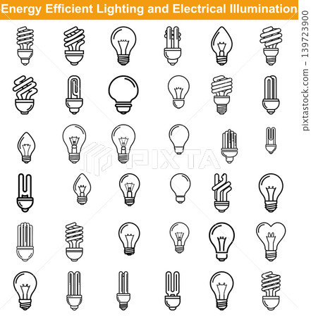 Set of energy efficient lighting icons showing various light bulb types for industrial and electrical home projects Set of energy efficient lighting icons showing various light bulb types for industrial and electrical home projects 139723900