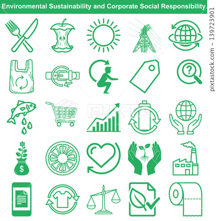 Set of environmental sustainability icons featuring symbols for corporate social responsibility and green living concepts Set of environmental sustainability icons featuring symbols for corporate social responsibility and green living concepts 139723901