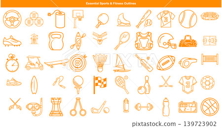 Set of essential sports and fitness icons showcasing various equipment and athletic activities in linear style Set of essential sports and fitness icons showcasing various equipment and athletic activities in linear style 139723902