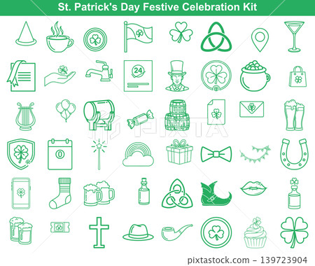 Set of festive Irish holiday icons in minimalist line art style for seasonal party designs 139723904