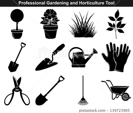 Set of gardening and horticulture tool icons in solid black silhouette style for garden maintenance 139723905