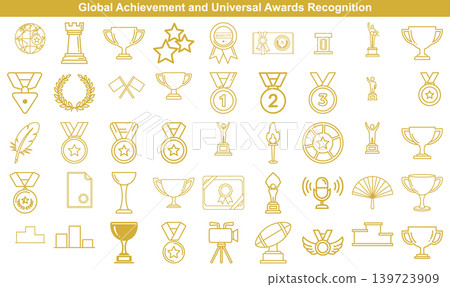 Set of gold trophy and award icons in minimalist thin line style for business success 139723909