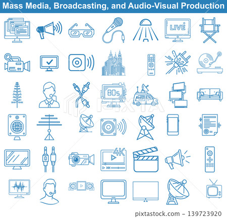 Set of mass media broadcasting and audiovisual production line icons for digital communication and technology Set of mass media broadcasting and audiovisual production line icons for digital communication and technology 139723920