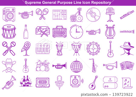 Set of musical instrument line icons featuring guitars drums and trumpets for creative audio projects 139723922