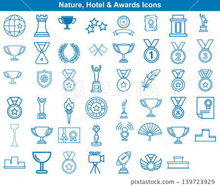 Set of outline achievement and award icons featuring trophies medals ribbons and achievement related symbols 139723929