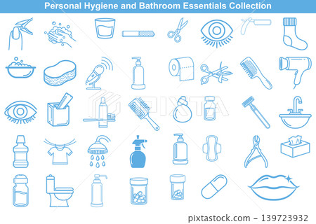 Set of personal hygiene and bathroom equipment icons in thin line art style for bathroom Set of personal hygiene and bathroom equipment icons in thin line art style for bathroom 139723932