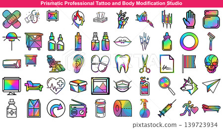 Set of prismatic tattoo and body modification studio icons in creative artistic outline drawing style Set of prismatic tattoo and body modification studio icons in creative artistic outline drawing style 139723934