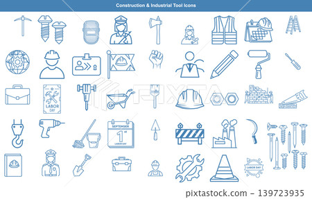 Set of professional construction and industrial tool line icons for building trade and architecture projects 139723935