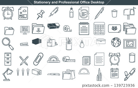 Set of professional office supply icons featuring stationery elements for business productivity and desk organization purposes 139723936