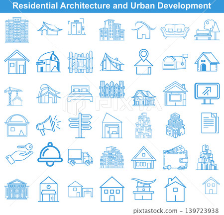 Set of residential architecture and urban development line icons for real estate design projects 139723938