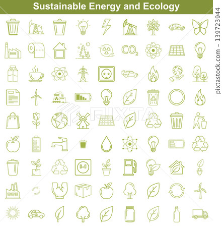 Set of sustainable energy and ecology line art icons depicting environmental concepts and industry elements 139723944