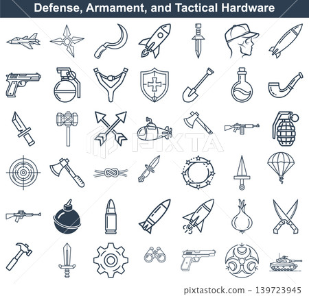 Set of tactical defense and weaponry icons featuring military equipment and combat gear in line style Set of tactical defense and weaponry icons featuring military equipment and combat gear in line style 139723945