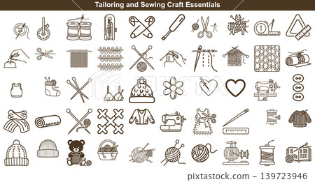 Set of tailoring and sewing craft essentials featuring yarn needles and fabric tools for hobbyists Set of tailoring and sewing craft essentials featuring yarn needles and fabric tools for hobbyists 139723946