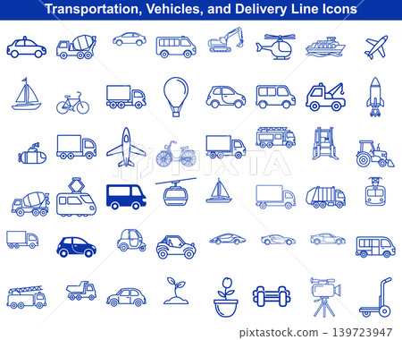 Set of transportation and delivery icons representing various vehicles in a simple line art style Set of transportation and delivery icons representing various vehicles in a simple line art style 139723947