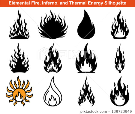 Set of various burning flame icons in silhouette style for creative design and graphic projects Set of various burning flame icons in silhouette style for creative design and graphic projects 139723949