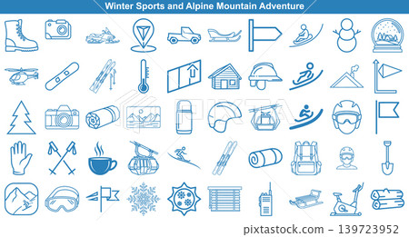 Set of winter sports and alpine mountain icons in thin line art style for travel Set of winter sports and alpine mountain icons in thin line art style for travel 139723952