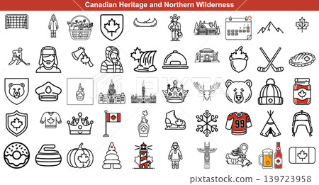 Traditional Canadian heritage and northern wilderness linear icons featuring symbols of local culture and nature 139723958