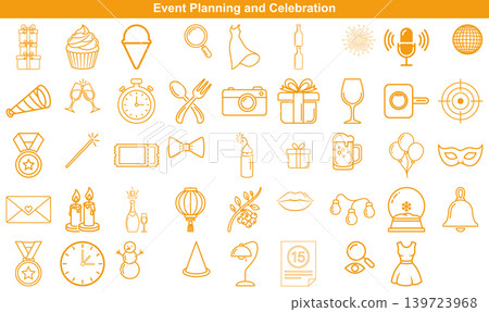 Vector set of party and event planning icons featuring festive celebration elements and objects Vector set of party and event planning icons featuring festive celebration elements and objects 139723968