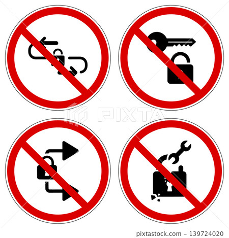 A collection of circular prohibition signs against unlocking, key access, or tampering with secured objects A collection of circular prohibition signs against unlocking, key access, or tampering with secured objects 139724020