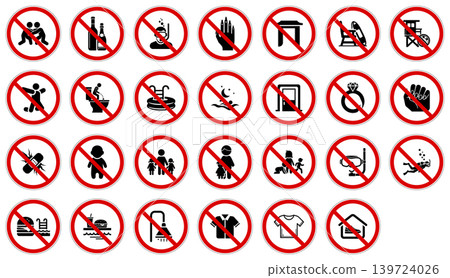 A comprehensive set of vector prohibition signs for various activities and personal items in recreational zones A comprehensive set of vector prohibition signs for various activities and personal items in recreational zones 139724026