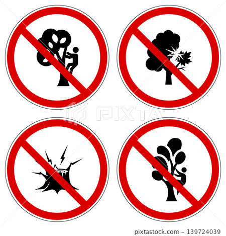 Four distinct prohibition signs illustrating rules against tree climbing, damaging, or felling in public and protected areas 139724039