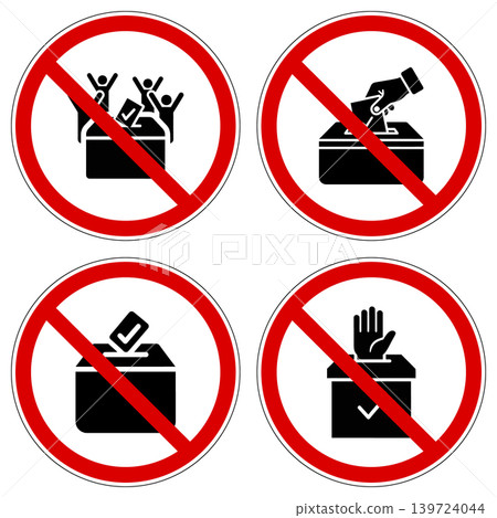 Prohibition signs against voting featuring various election scenarios and democratic participation Prohibition signs against voting featuring various election scenarios and democratic participation 139724044