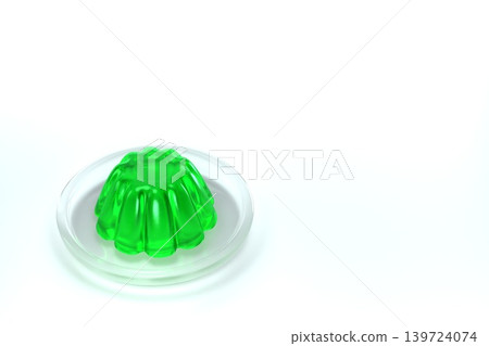 透明盤子上的綠色果凍,從傾斜角度觀看,白色背景,3D渲染圖。 透明盤子上的綠色果凍,從傾斜角度觀看,白色背景,3D渲染圖。 139724074