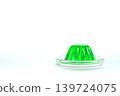 Green jelly on a transparent plate, viewed from the side, white background, 3D rendering. 139724075