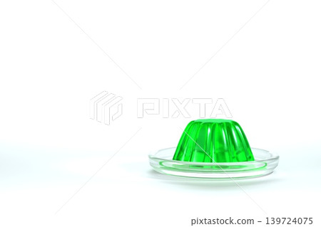 透明盤子上的綠色果凍,從側面觀察,白色背景,3D渲染。 透明盤子上的綠色果凍,從側面觀察,白色背景,3D渲染。 139724075