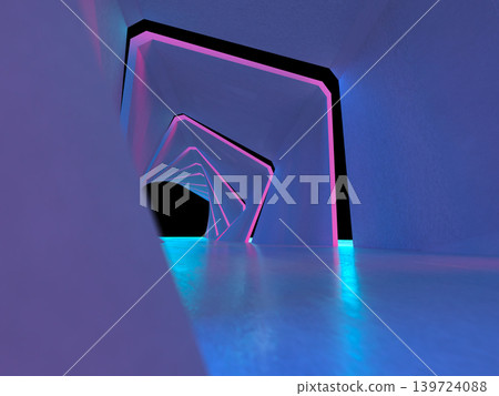 一幅由電子光源照亮的隧道三維插圖。 一幅由電子光源照亮的隧道三維插圖。 139724088
