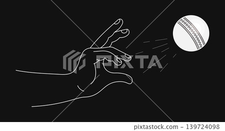 Cricket Ball Hand Release. White Ball Fast Delivery On Black Background. Professional Athlete Bowling Action. Dark Mode Sports Night Match. Minimalist Vector Illustration. Line drawing. Cricket Ball Hand Release. White Ball Fast Delivery On Black Background. Professional Athlete Bowling Action. Dark Mode Sports Night Match. Minimalist Vector Illustration. Line drawing. 139724098