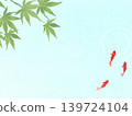 一幅以淺藍色背景襯託的畫框，畫中圖案為藍色楓葉和金魚。 139724104