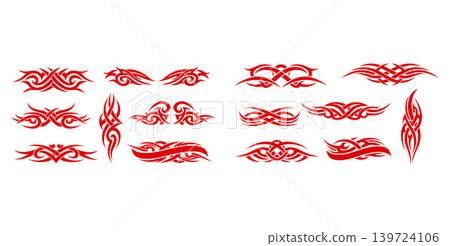 A bold collection of stylized tribal vector elements with aggressive flame like interwoven patterns for powerful branding A bold collection of stylized tribal vector elements with aggressive flame like interwoven patterns for powerful branding 139724106
