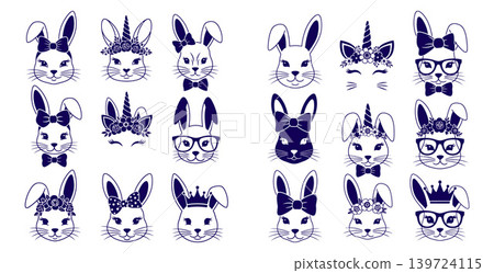 Adorable collection of bunny rabbit heads adorned with bows, flower crowns, glasses, and unicorn horns Adorable collection of bunny rabbit heads adorned with bows, flower crowns, glasses, and unicorn horns 139724115
