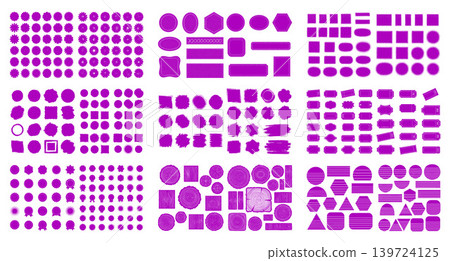 Collection of blank purple tags, badges, and geometric shapes with textured edges for branding and labeling Collection of blank purple tags, badges, and geometric shapes with textured edges for branding and labeling 139724125