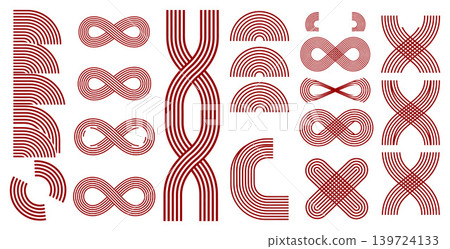 Collection of geometric line art shapes including infinity symbols and intertwined striped patterns on a minimalist composition Collection of geometric line art shapes including infinity symbols and intertwined striped patterns on a minimalist composition 139724133
