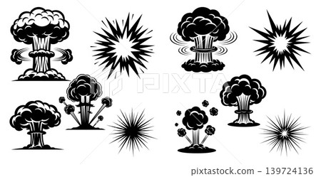 Collection of powerful comic style explosion mushroom clouds and dynamic starburst effects for action designs Collection of powerful comic style explosion mushroom clouds and dynamic starburst effects for action designs 139724136