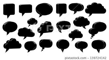 Collection of three dimensional black speech bubbles and thought clouds in various shapes for communication graphics Collection of three dimensional black speech bubbles and thought clouds in various shapes for communication graphics 139724142