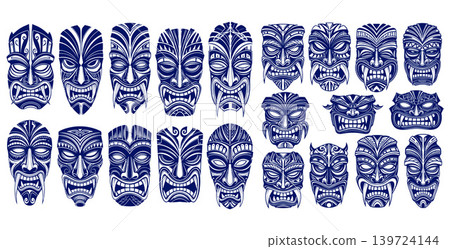 Collection of traditional tribal masks with intricate patterns, representing ancient cultural art 139724144