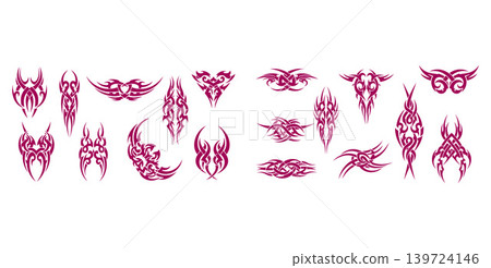 Collection of tribal style design elements featuring various flowing forms and decorative patterns for symbolic artwork 139724146