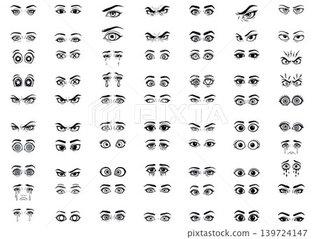 Collection of varied human eye expressions showing diverse emotions in a detailed sketch style for visual storytelling 139724147
