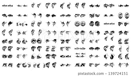 Comprehensive vector set of various fish species and fishing activity silhouettes for outdoor recreation branding 139724151